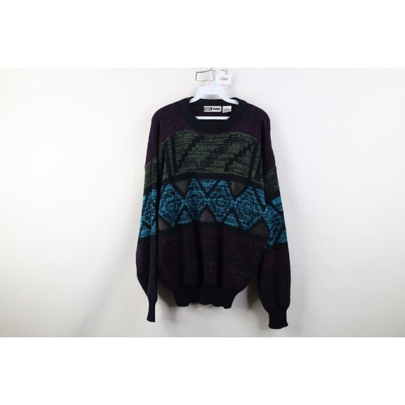 Vtg 90s Streetwear Mens Large Ed Bassmaster Leather Trim Geometric Knit Sweater